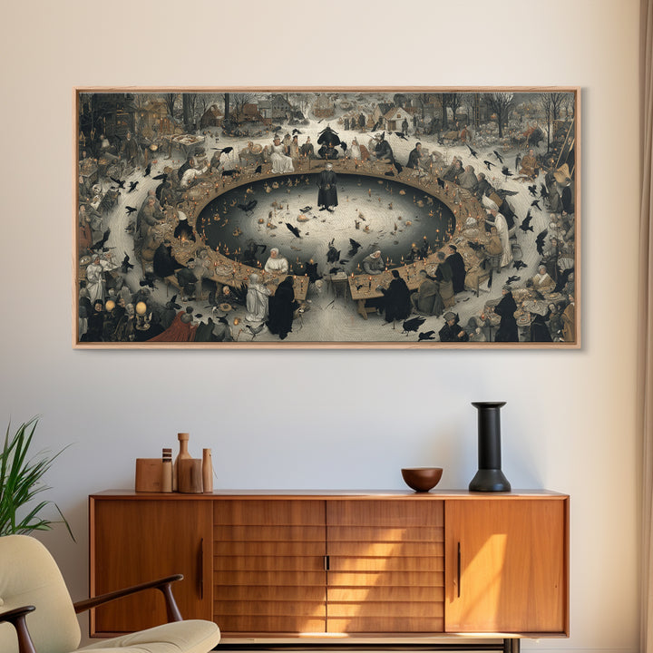 The Candlelit Seance, Northern Renaissance Horror, Wide Panoramic Art, Dark Halloween Decor, Canvas Print, Halloween Wall Art