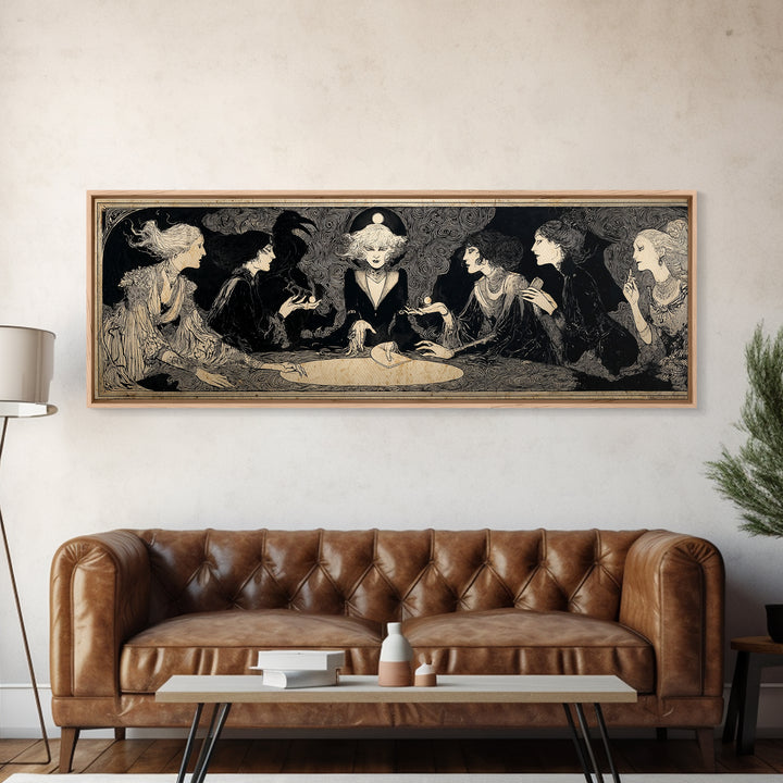 The Candlelit Seance, Decadent Line Art, Extra Wide Wall Art, Macabre Wall Art, Canvas Print, Halloween Wall Art