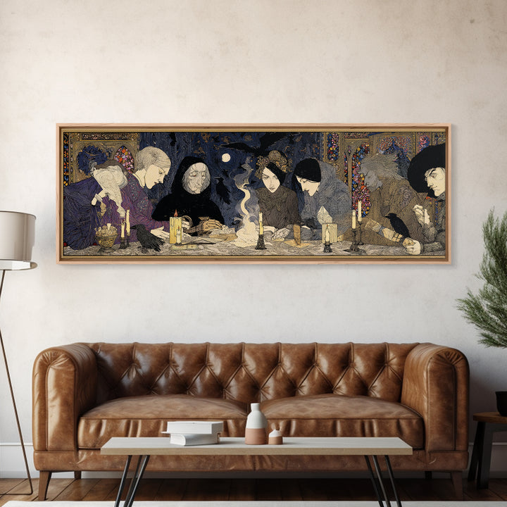 The Candlelit Seance, Stained Glass Gothic Art, Extra Wide Wall Art, Dark Fantasy Wall Art, Framed Canvas Print, Halloween Wall Art