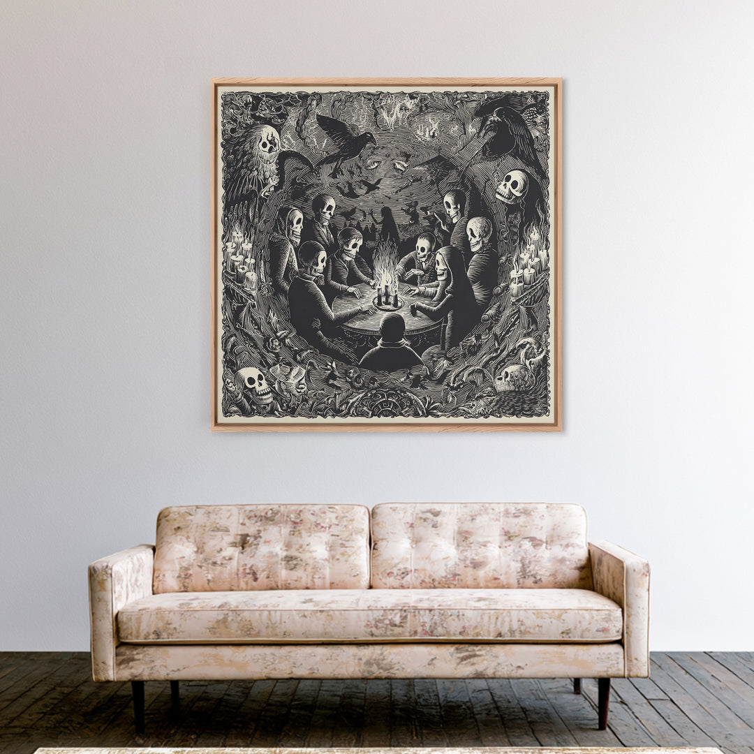 The Candlelit Seance, Macabre Folk Print Art, Square Wall Art, Dark Fantasy Wall Art, Framed Canvas Print, Halloween Wall Art