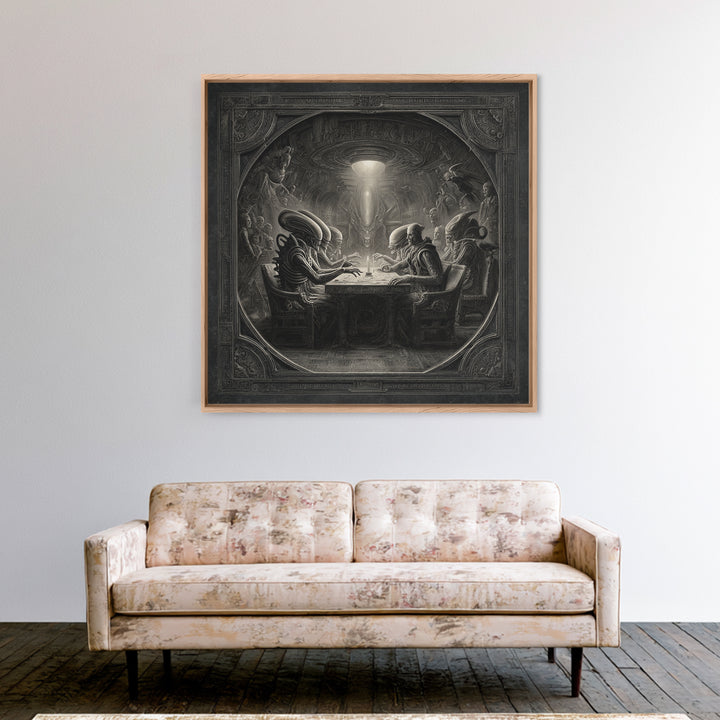 The Candlelit Seance, Biomechanical Horror Art, Square Wall Art, Macabre Wall Art, Framed Canvas Print, Halloween Wall Art