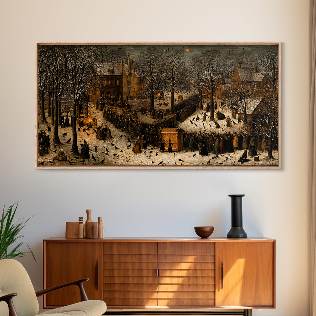 The Raven Funeral, Northern Renaissance Horror, Wide Panoramic Art, Macabre Wall Art, Framed Canvas Print, Halloween Wall Art