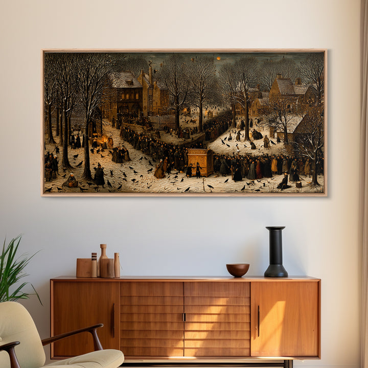 The Raven Funeral, Northern Renaissance Horror, Wide Panoramic Art, Macabre Wall Art, Framed Canvas Print, Halloween Wall Art