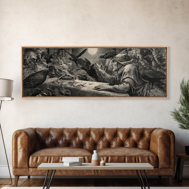 The Raven Funeral, Renaissance Engraving Art, Extra Wide Wall Art, Dark Fantasy Wall Art, Framed Canvas Print, Halloween Wall Art
