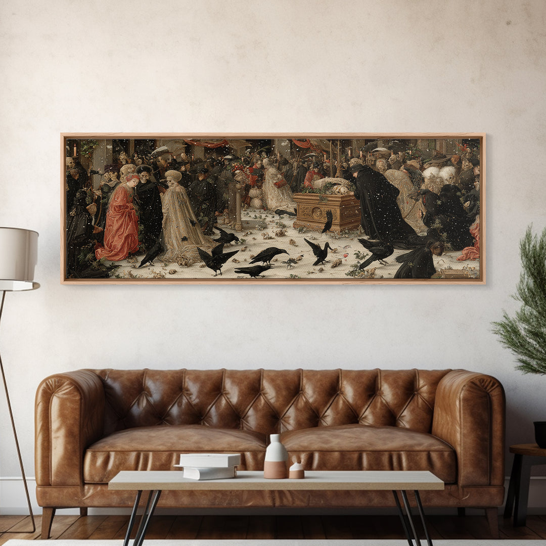 The Raven Funeral, Danse Macabre Art, Extra Wide Wall Art, Dark Halloween Decor, Canvas Print, Halloween Wall Art