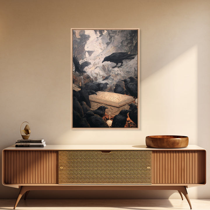 The Raven Funeral, Baroque Witchcraft Art, Vertical Wall Art, Macabre Wall Art, Framed Canvas Print, Halloween Wall Art