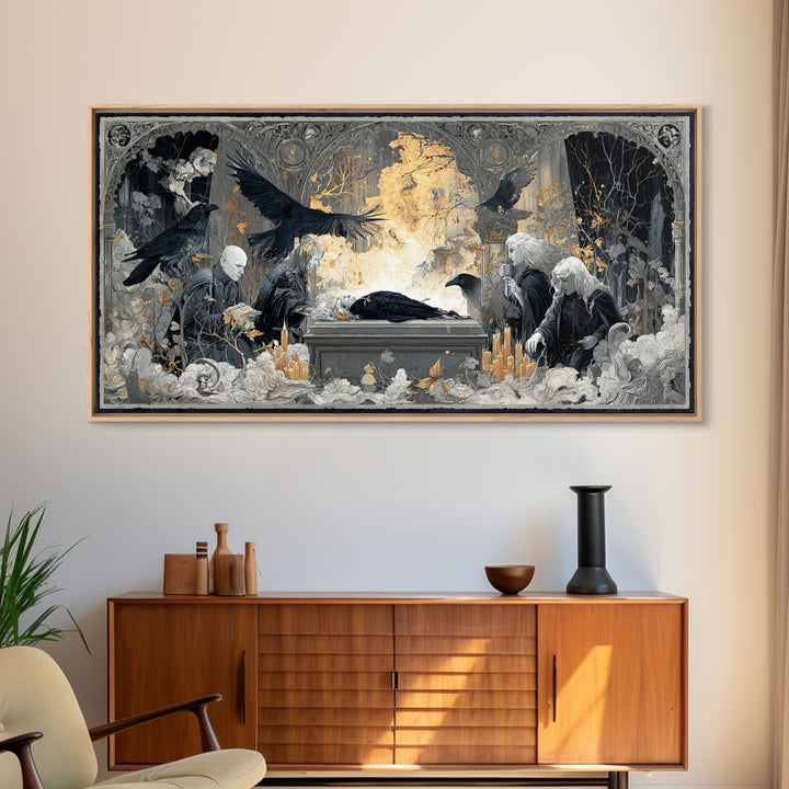 The Raven Funeral, Visionary Gothic Art, Wide Panoramic Art, Macabre Wall Art, Canvas Print, Halloween Wall Art