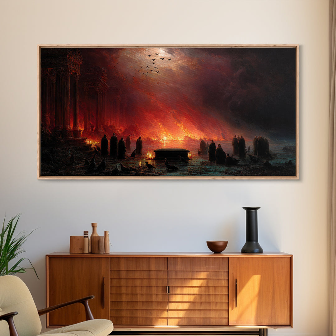 The Raven Funeral, Apocalyptic Romantic Art, Wide Panoramic Art, Macabre Wall Art, Framed Canvas Print, Halloween Wall Art