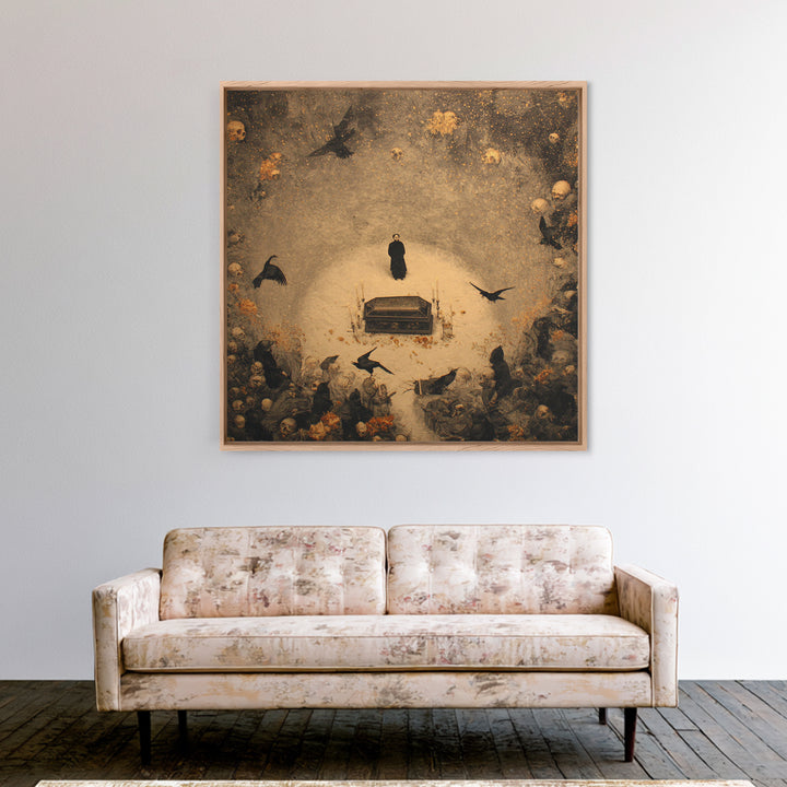 The Raven Funeral, Symbolist Dream Art, Square Wall Art, Gothic Horror Wall Art, Framed Canvas Print, Halloween Wall Art