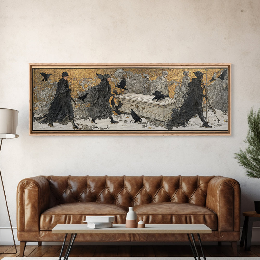 The Raven Funeral, Symbolist Death Art, Extra Wide Wall Art, Gothic Horror Wall Art, Canvas Print, Halloween Wall Art