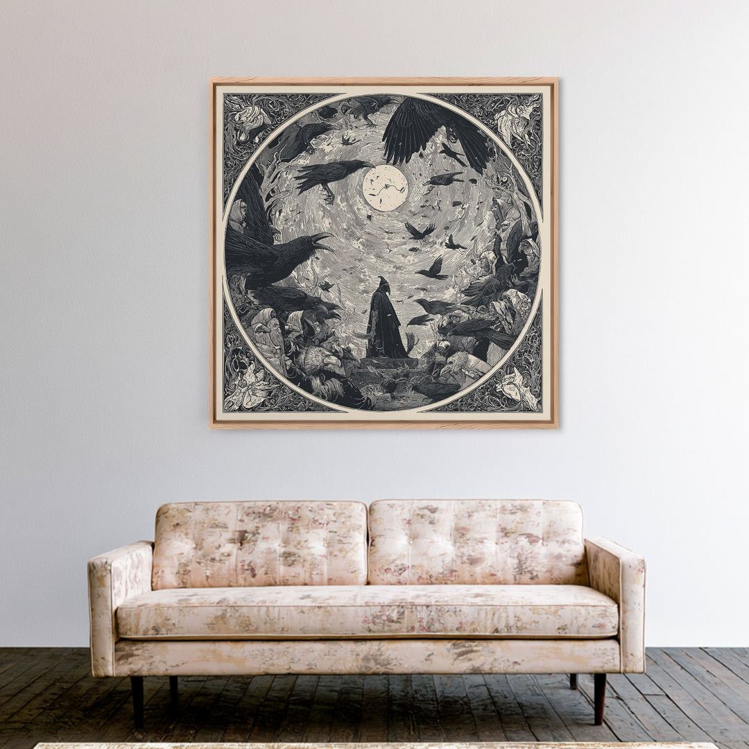 The Raven Funeral, Symbolist Etching Art, Square Wall Art, Dark Halloween Decor, Framed Canvas Print, Halloween Wall Art
