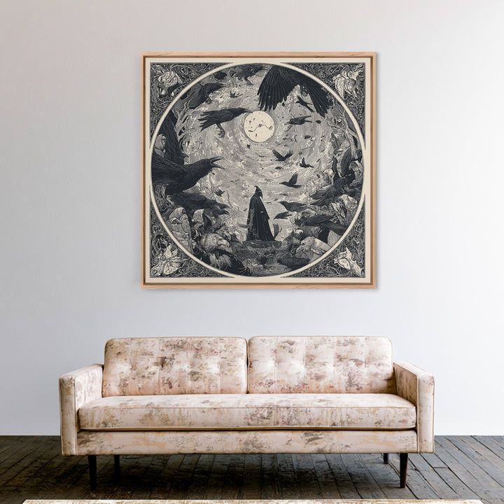 The Raven Funeral, Symbolist Etching Art, Square Wall Art, Dark Halloween Decor, Framed Canvas Print, Halloween Wall Art