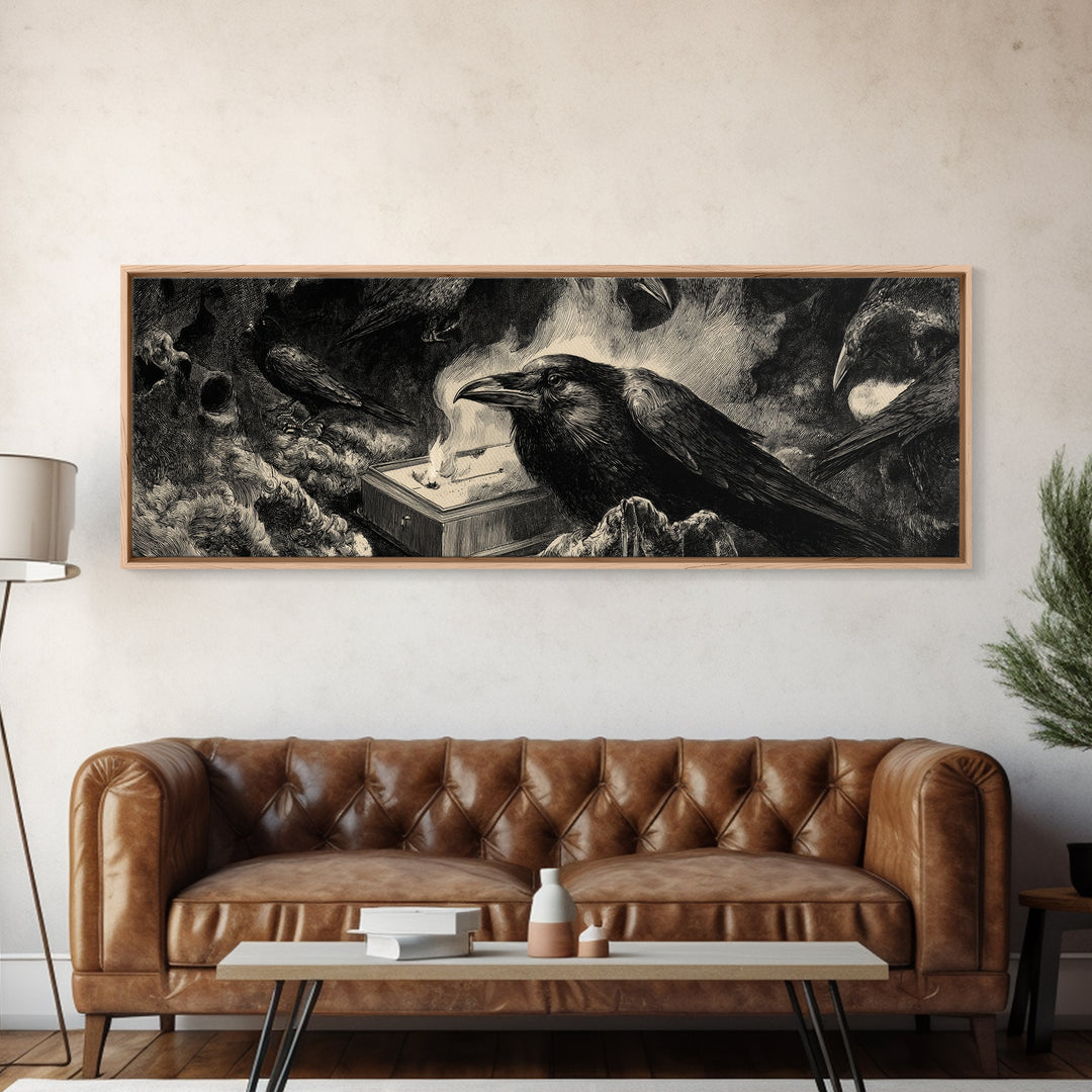 The Raven Funeral, Expressionist Nightmare Art, Extra Wide Wall Art, Gothic Horror Wall Art, Canvas Print, Halloween Wall Art