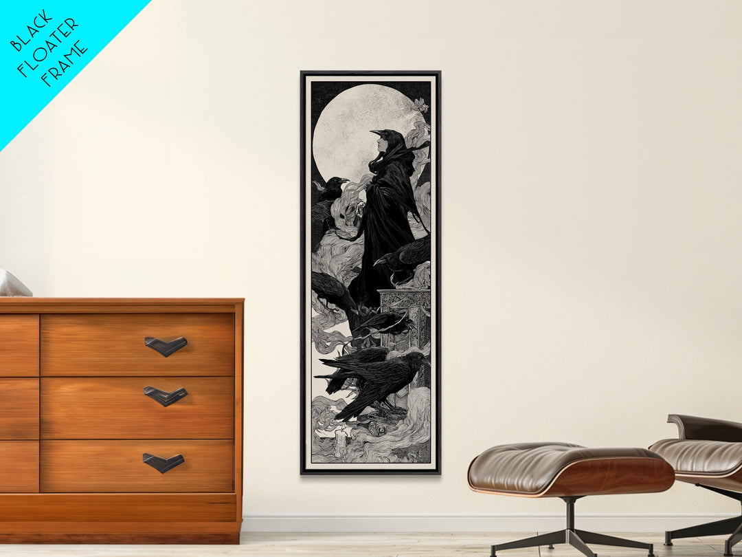 The Raven Funeral, Decadent Line Art, Tall Narrow Wall Art, Macabre Wall Art, Canvas Print, Halloween Wall Art