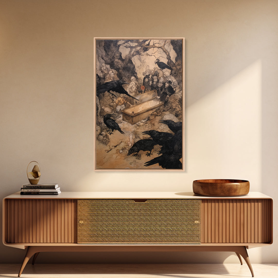 The Raven Funeral, Gothic Storybook Art, Vertical Wall Art, Macabre Wall Art, Canvas Print, Halloween Wall Art, Statement Wall Art