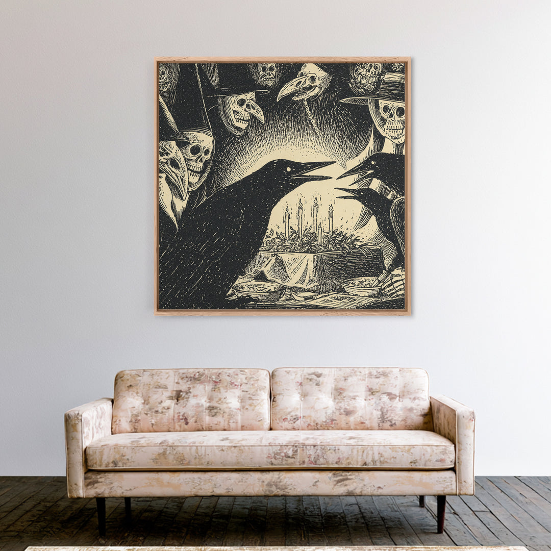 The Raven Funeral, Macabre Folk Print Art, Square Wall Art, Macabre Wall Art, Framed Canvas Print, Halloween Wall Art