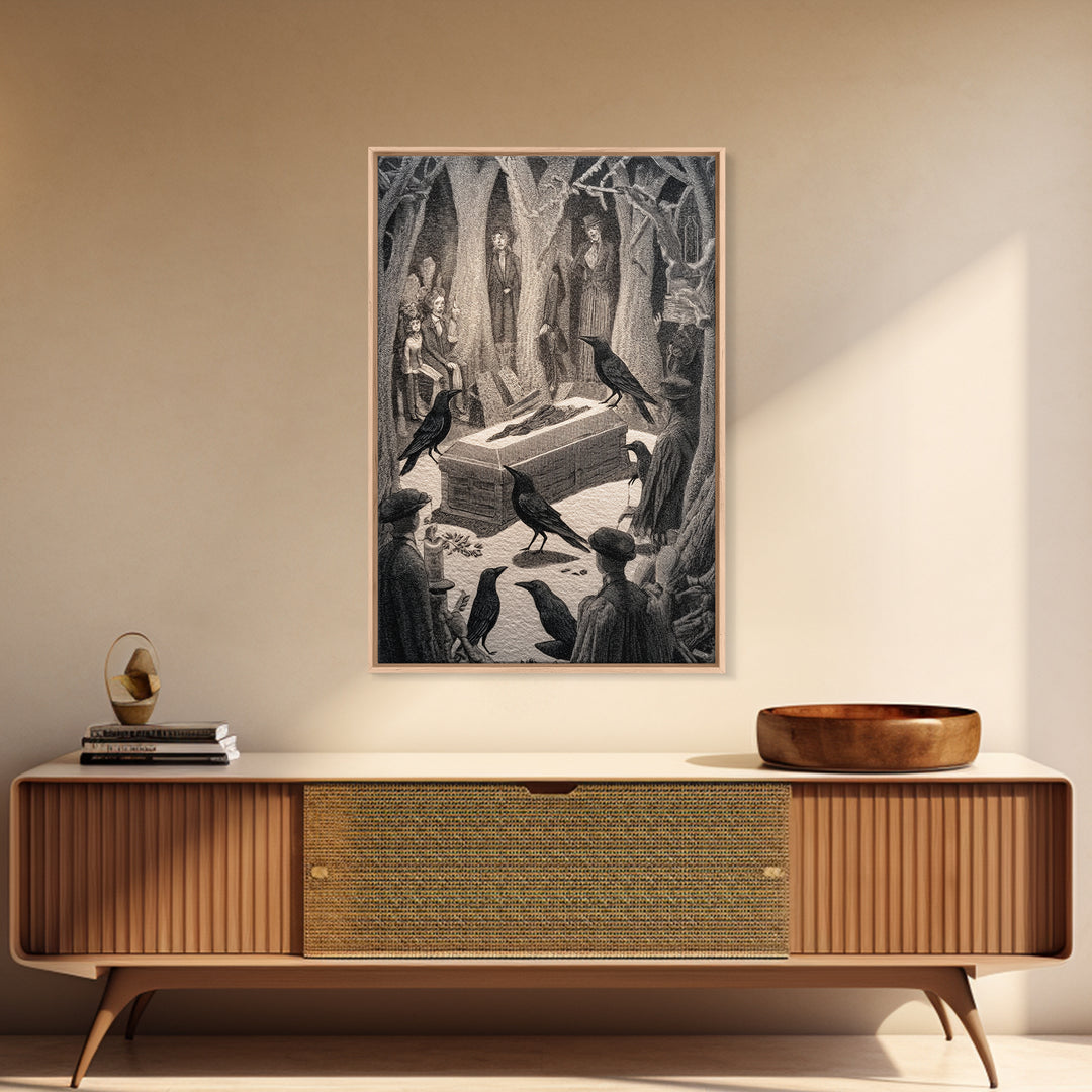 The Raven Funeral, Victorian Macabre Art, Vertical Wall Art, Gothic Horror Wall Art, Framed Canvas Print, Halloween Wall Art