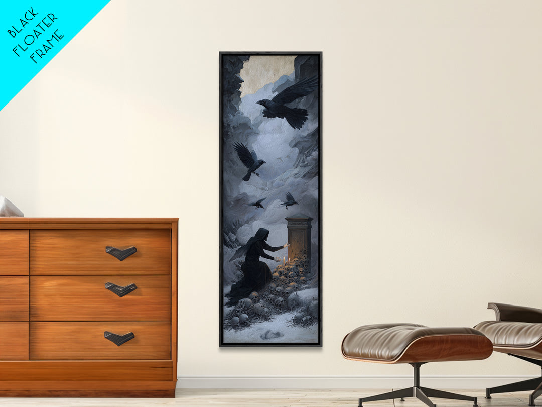 The Raven Funeral, Surreal Apocalyptic Art, Tall Narrow Wall Art, Dark Fantasy Wall Art, Framed Canvas Print, Halloween Wall Art