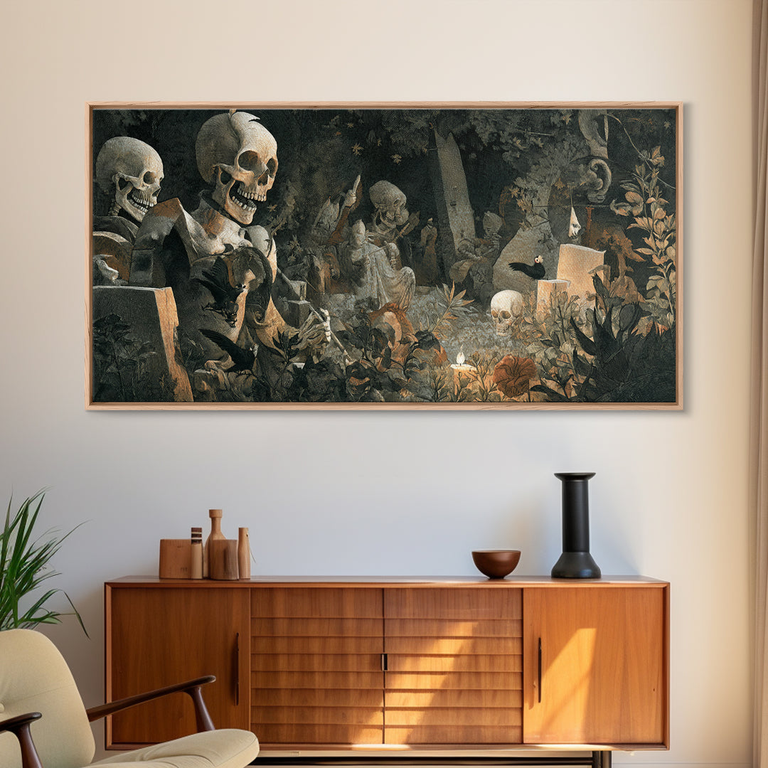 The Graveyard Dance, Medieval Grotesque Art, Wide Panoramic Art, Gothic Horror Wall Art, Framed Canvas Print, Halloween Wall Art