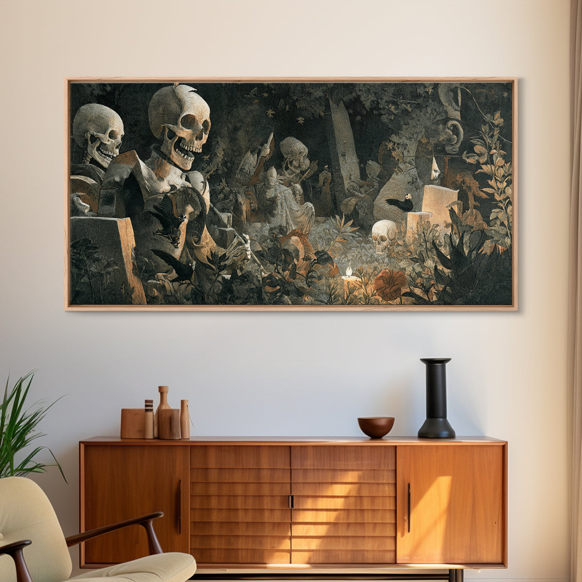 The Graveyard Dance, Medieval Grotesque Art, Wide Panoramic Art, Gothic Horror Wall Art, Framed Canvas Print, Halloween Wall Art
