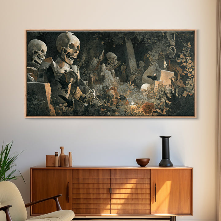 The Graveyard Dance, Medieval Grotesque Art, Wide Panoramic Art, Gothic Horror Wall Art, Framed Canvas Print, Halloween Wall Art