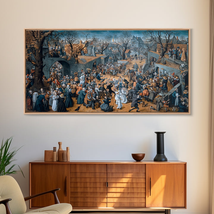 The Graveyard Dance, Northern Renaissance Horror, Wide Panoramic Art, Dark Fantasy Wall Art, Framed Canvas Print