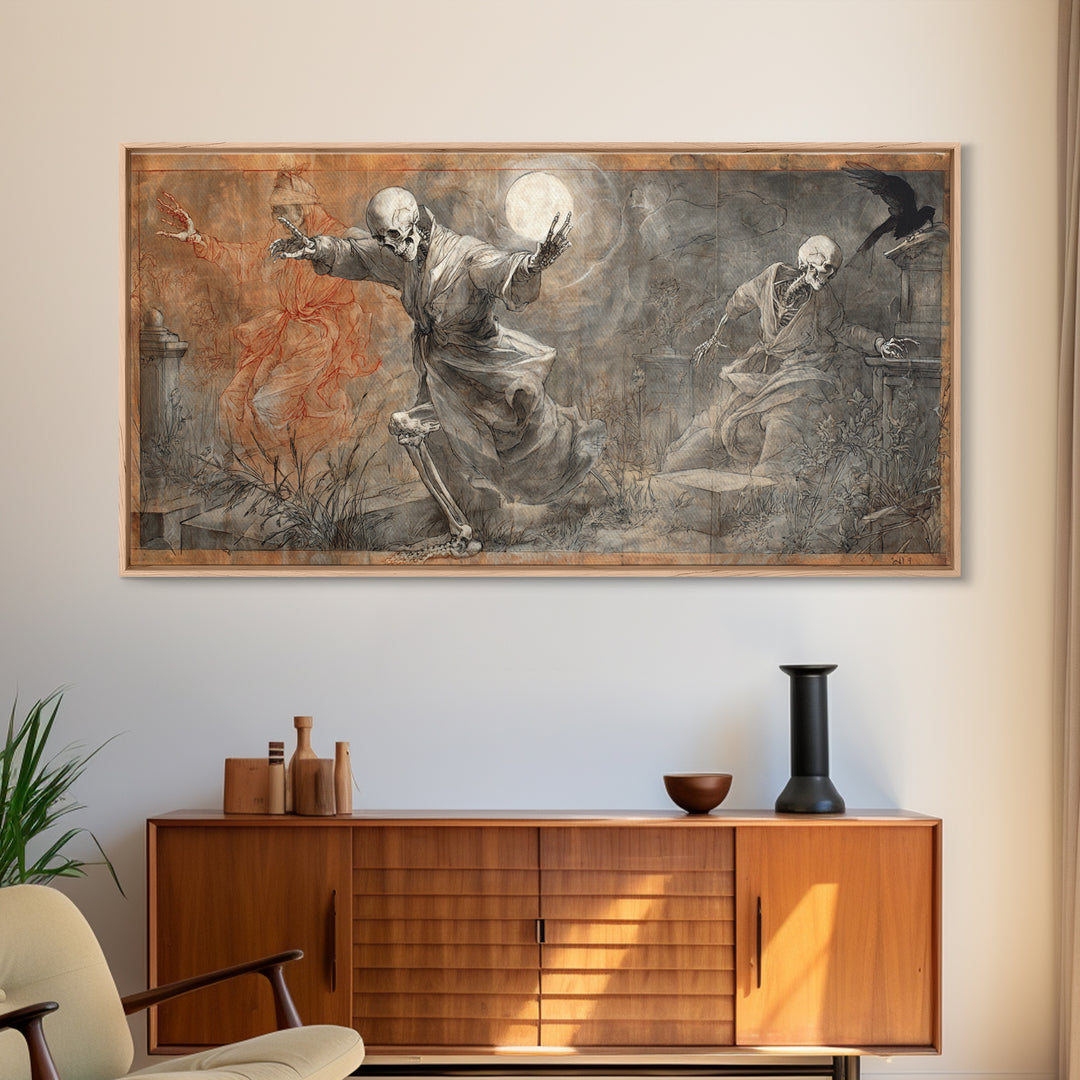 The Graveyard Dance, Dark Renaissance Art, Wide Panoramic Art, Macabre Wall Art, Framed Canvas Print, Halloween Wall Art