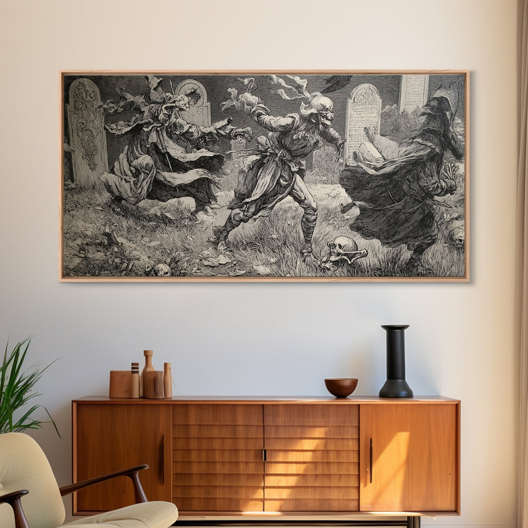 The Graveyard Dance, Renaissance Engraving Art, Wide Panoramic Art, Gothic Horror Wall Art, Canvas Print, Halloween Wall Art