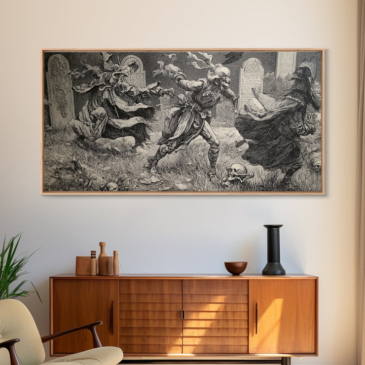 The Graveyard Dance, Renaissance Engraving Art, Wide Panoramic Art, Gothic Horror Wall Art, Canvas Print, Halloween Wall Art