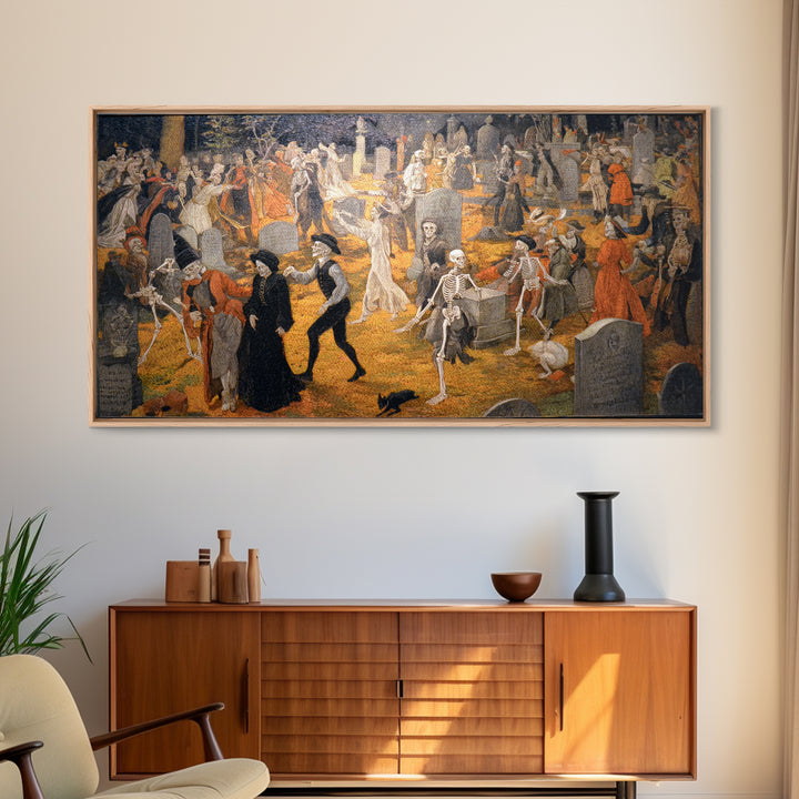 The Graveyard Dance, Danse Macabre Art, Wide Panoramic Art, Macabre Wall Art, Canvas Print, Halloween Wall Art