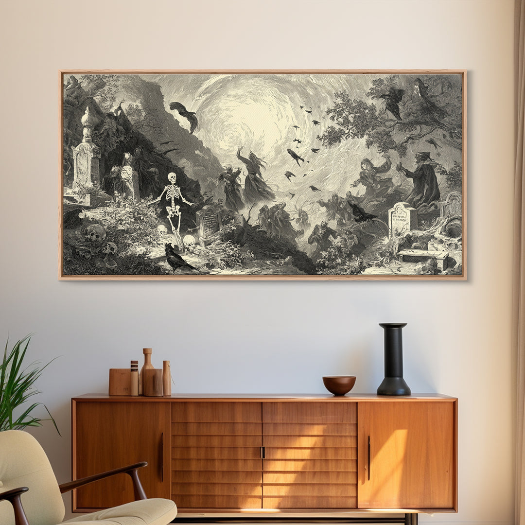 The Graveyard Dance, Baroque Witchcraft Art, Wide Panoramic Art, Gothic Horror Wall Art, Framed Canvas Print, Halloween Wall Art