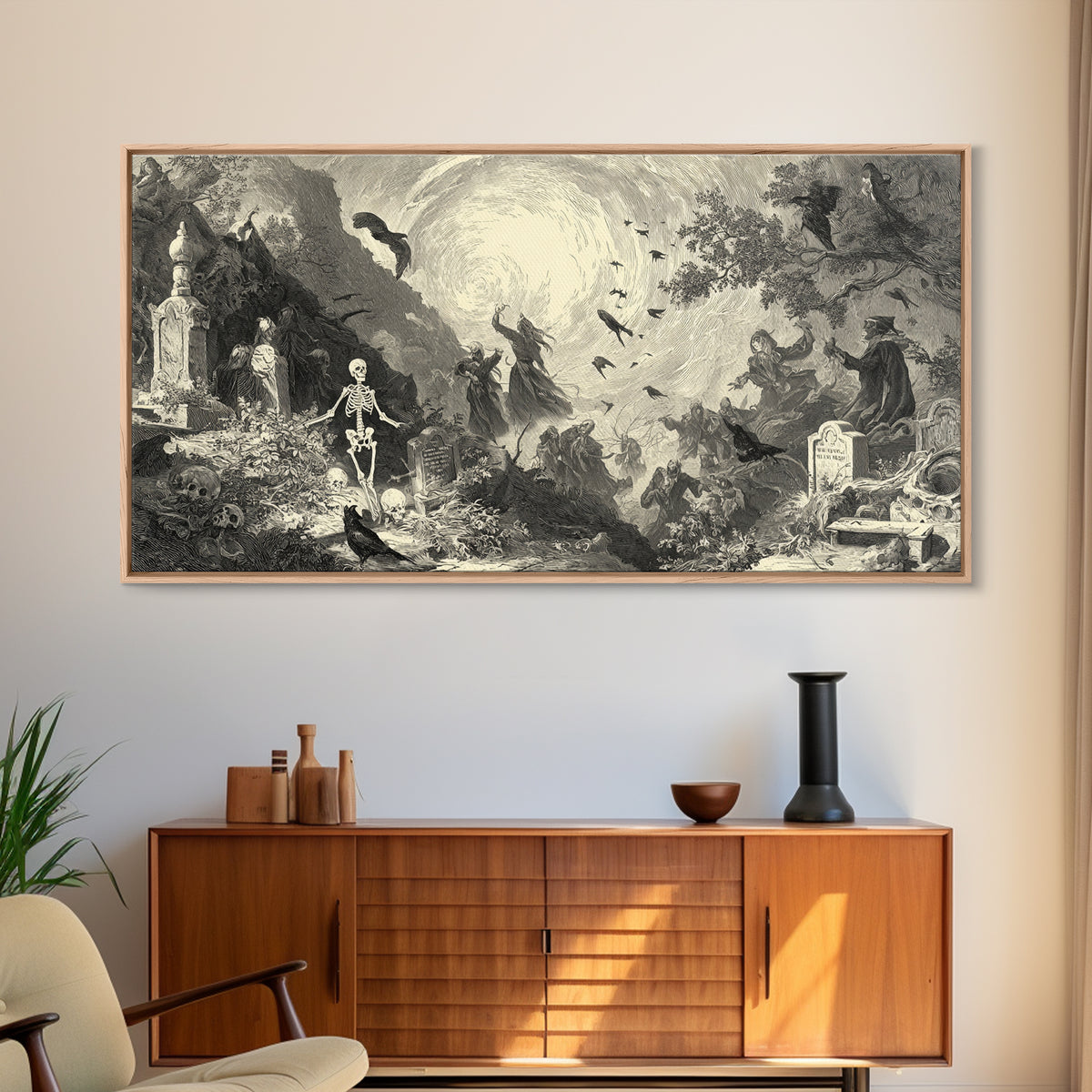The Graveyard Dance, Baroque Witchcraft Art, Wide Panoramic Art, Gothic Horror Wall Art, Framed Canvas Print, Halloween Wall Art