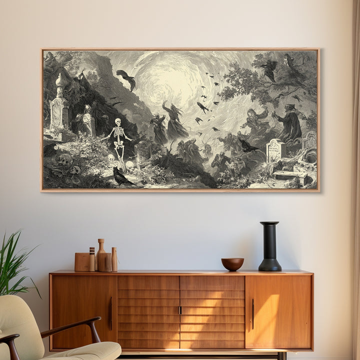 The Graveyard Dance, Baroque Witchcraft Art, Wide Panoramic Art, Gothic Horror Wall Art, Framed Canvas Print, Halloween Wall Art