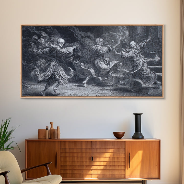 The Graveyard Dance, Architectural Etching Art, Wide Panoramic Art, Gothic Horror Wall Art, Framed Canvas Print