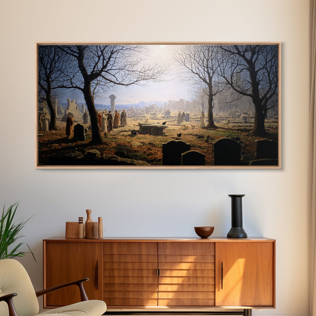 The Graveyard Dance, Romantic Gothic Landscape, Wide Panoramic Art, Dark Fantasy Wall Art, Canvas Print, Halloween Wall Art