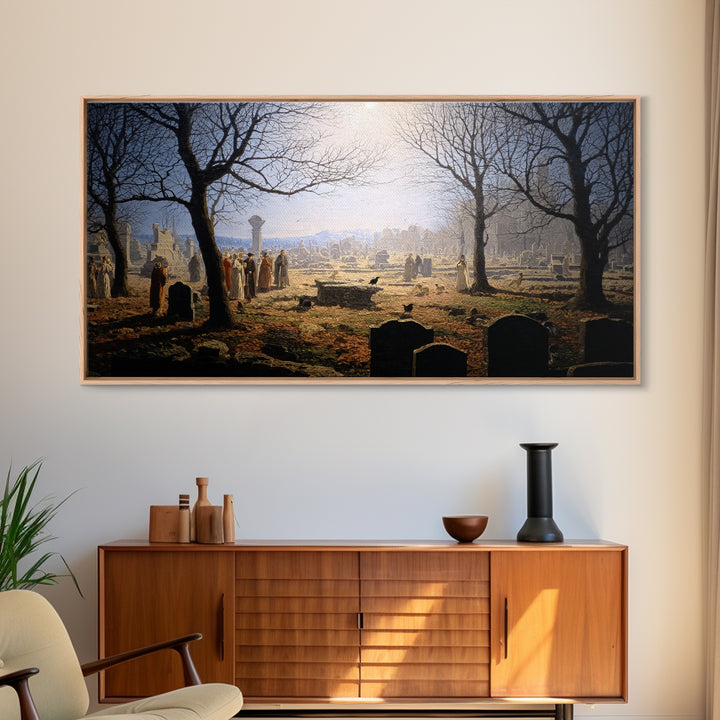 The Graveyard Dance, Romantic Gothic Landscape, Wide Panoramic Art, Dark Fantasy Wall Art, Canvas Print, Halloween Wall Art