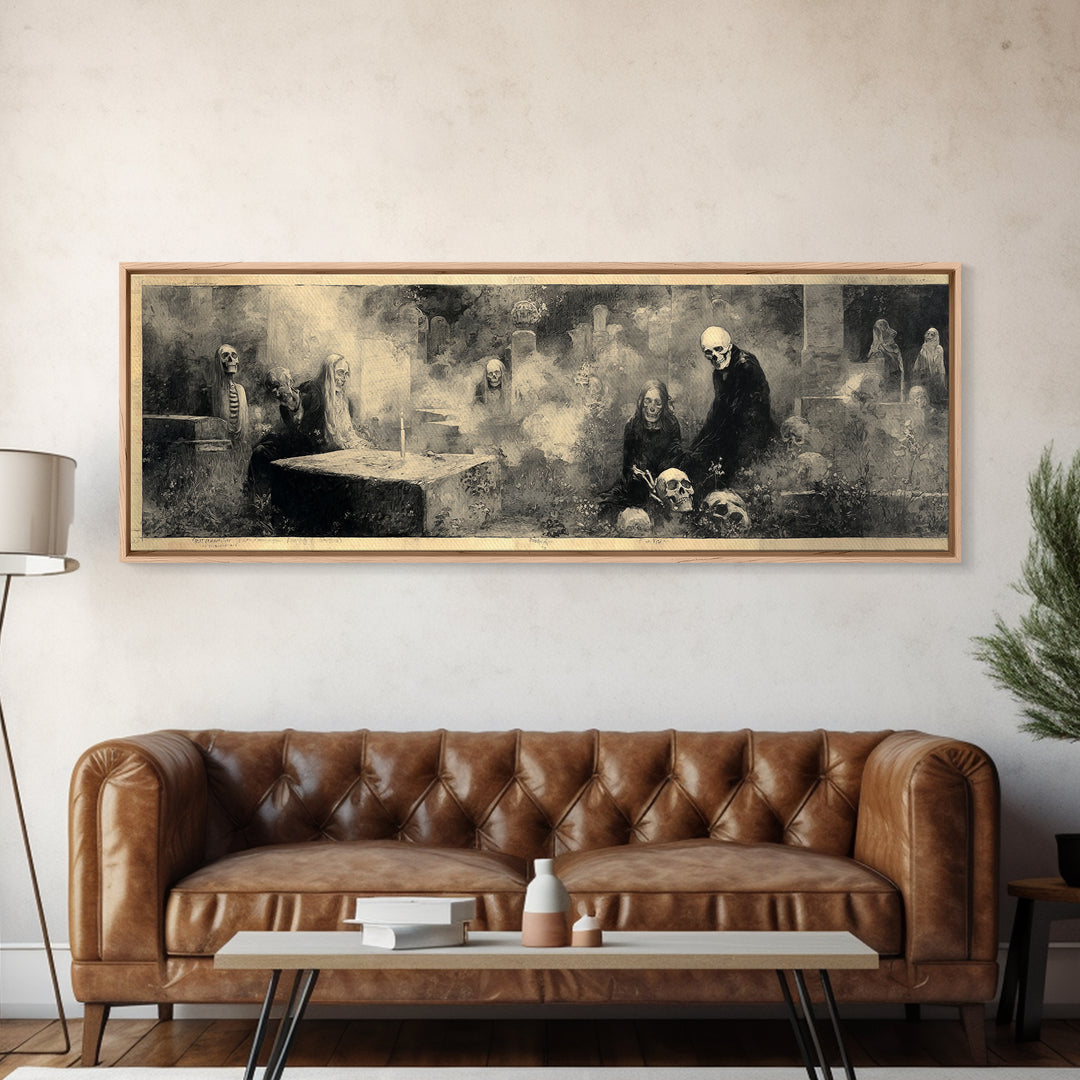 The Graveyard Dance, Symbolist Dream Art, Extra Wide Wall Art, Gothic Horror Wall Art, Framed Canvas Print, Halloween Wall Art