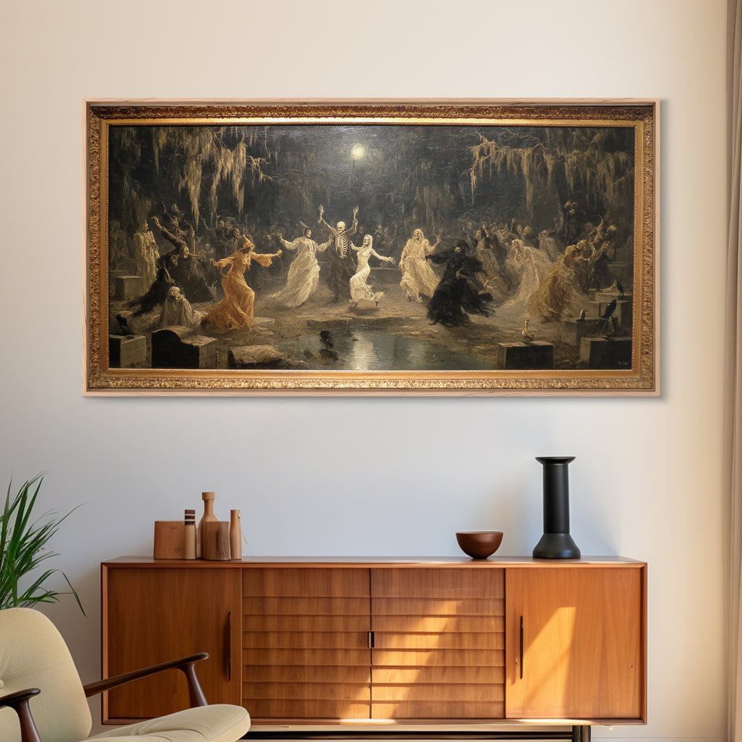 The Graveyard Dance, Symbolist Gothic Landscape, Wide Panoramic Art, Macabre Wall Art, Framed Canvas Print, Halloween Wall Art