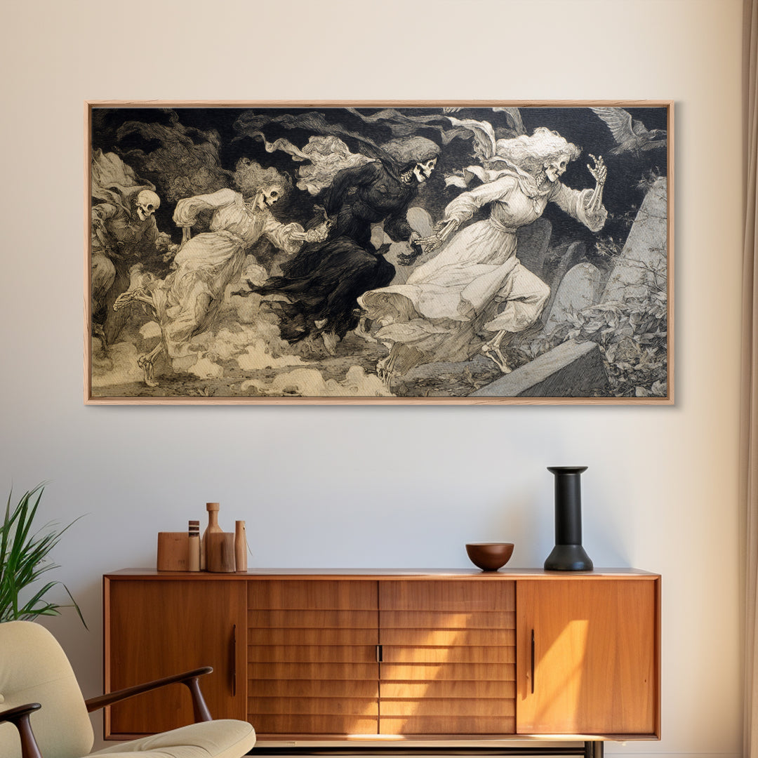 The Graveyard Dance, Decadent Gothic Art, Wide Panoramic Art, Macabre Wall Art, Canvas Print, Halloween Wall Art