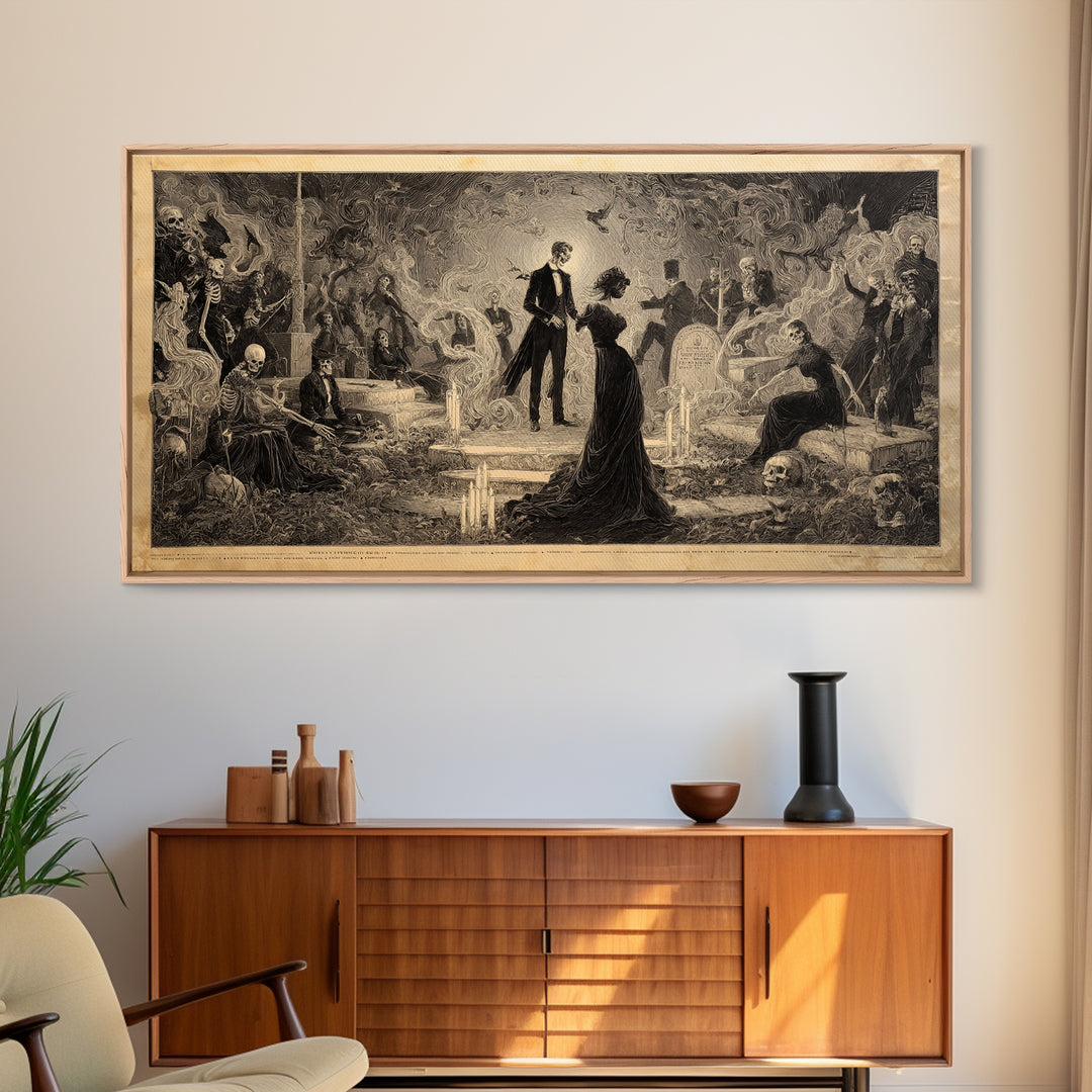 The Graveyard Dance, Dark Symbolist Art, Wide Panoramic Art, Dark Halloween Decor, Framed Canvas Print, Halloween Wall Art