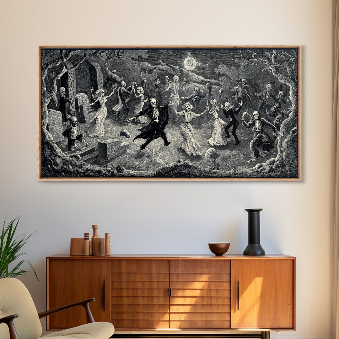 The Graveyard Dance, Expressionist Nightmare Art, Wide Panoramic Art, Dark Fantasy Wall Art, Framed Canvas Print, Halloween Wall Art