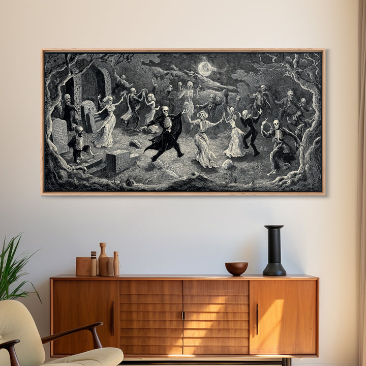The Graveyard Dance, Expressionist Nightmare Art, Wide Panoramic Art, Dark Fantasy Wall Art, Framed Canvas Print, Halloween Wall Art