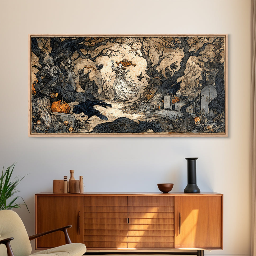 The Graveyard Dance, Gothic Storybook Art, Wide Panoramic Art, Dark Halloween Decor, Canvas Print, Halloween Wall Art