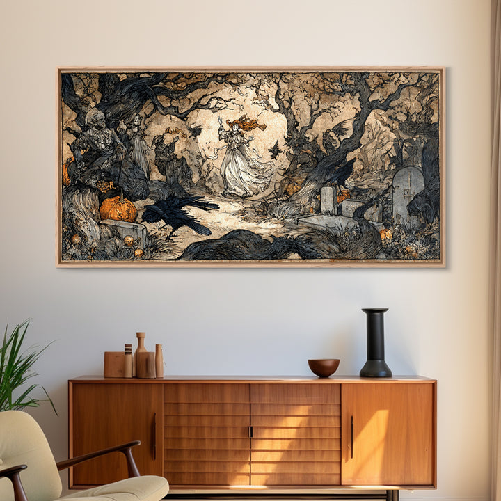 The Graveyard Dance, Gothic Storybook Art, Wide Panoramic Art, Dark Halloween Decor, Canvas Print, Halloween Wall Art