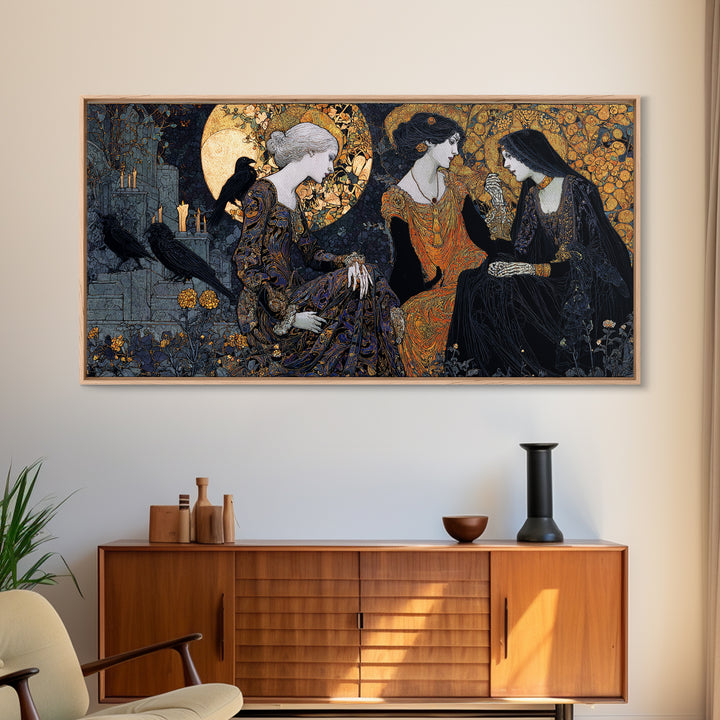The Graveyard Dance, Stained Glass Gothic Art, Wide Panoramic Art, Dark Halloween Decor, Framed Canvas Print, Halloween Wall Art