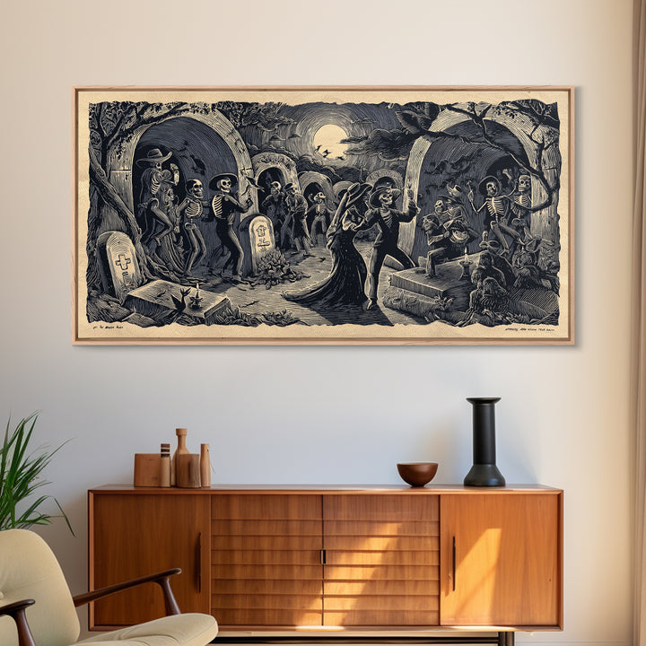 The Graveyard Dance, Macabre Folk Print Art, Wide Panoramic Art, Macabre Wall Art, Canvas Print, Halloween Wall Art