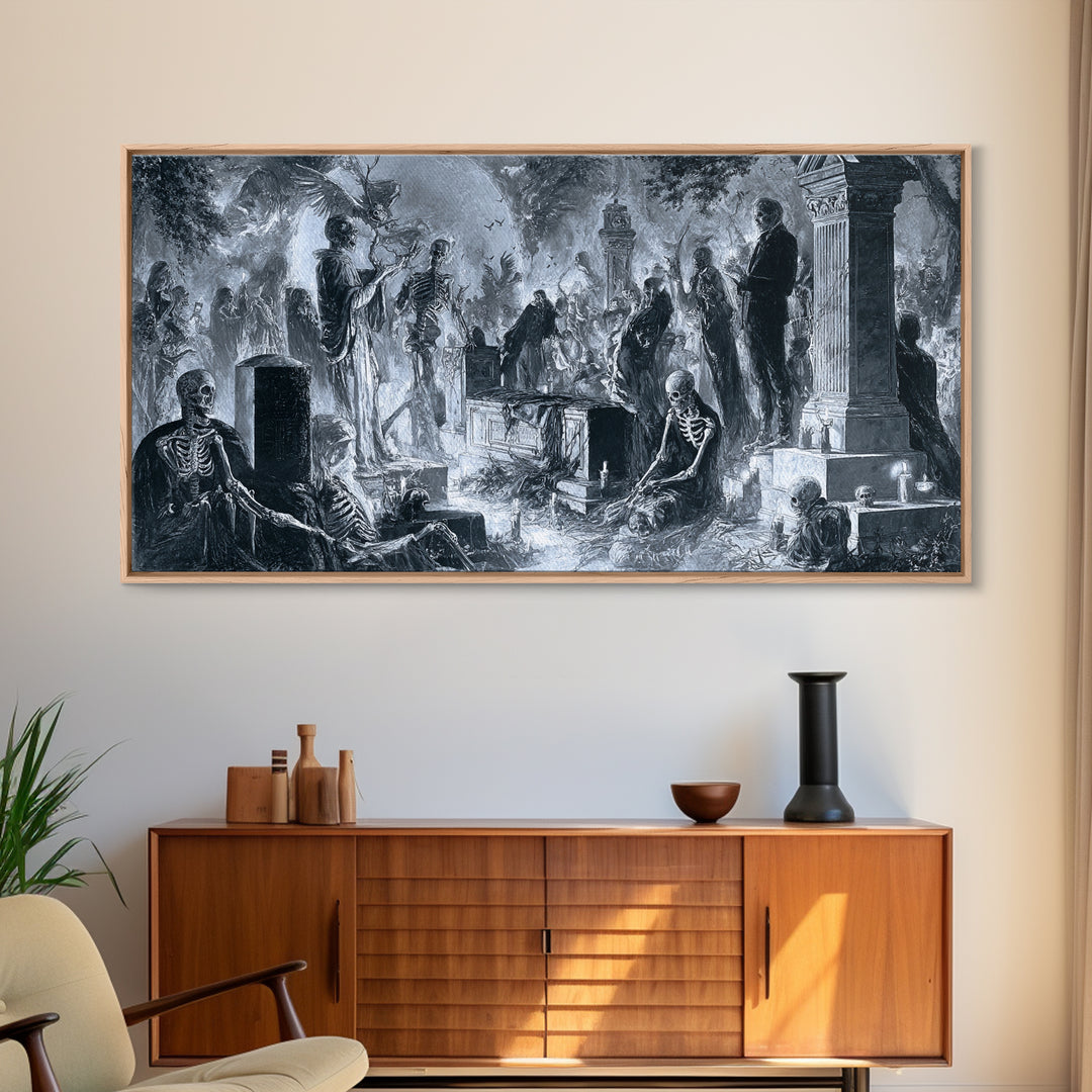 The Graveyard Dance, Biomechanical Horror Art, Wide Panoramic Art, Macabre Wall Art, Framed Canvas Print, Halloween Wall Art