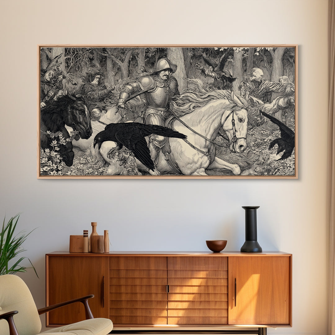 The Haunted Hayride, Renaissance Engraving Art, Wide Panoramic Art, Gothic Horror Wall Art, Framed Canvas Print, Halloween Wall Art