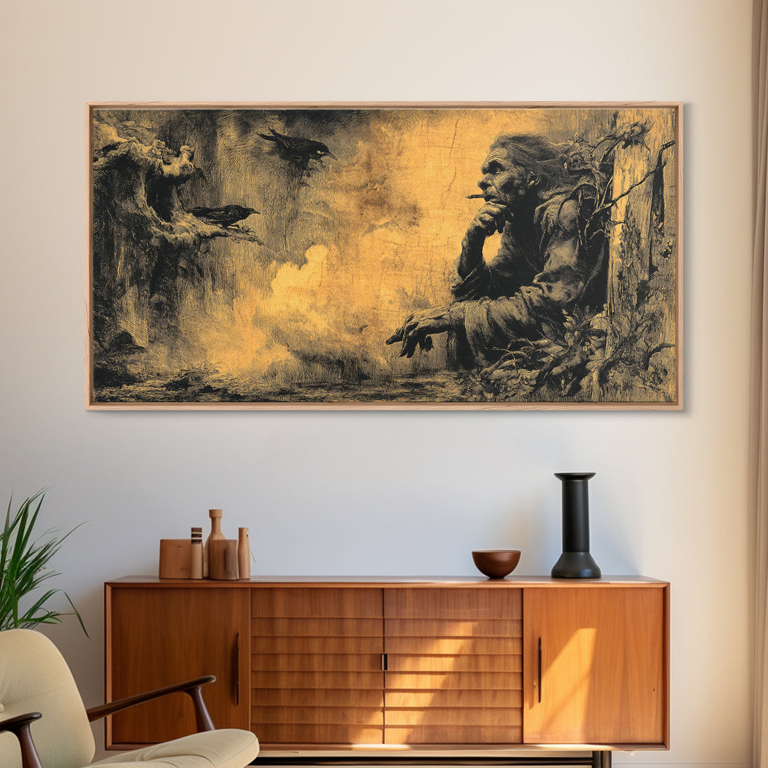 The Haunted Hayride, Baroque Witchcraft Art, Wide Panoramic Art, Dark Fantasy Wall Art, Framed Canvas Print, Halloween Wall Art
