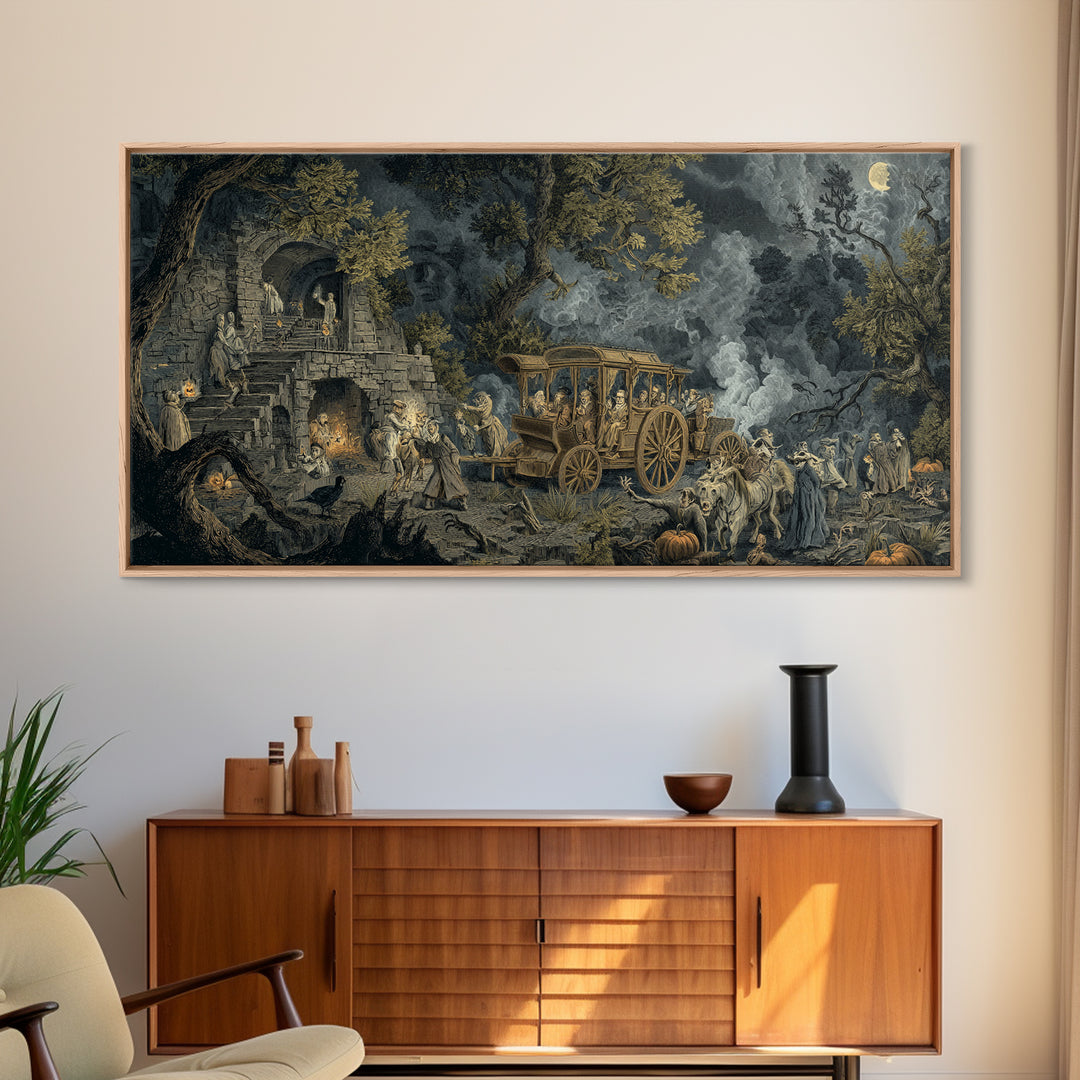 The Haunted Hayride, Architectural Etching Art, Wide Panoramic Art, Dark Fantasy Wall Art, Framed Canvas Print